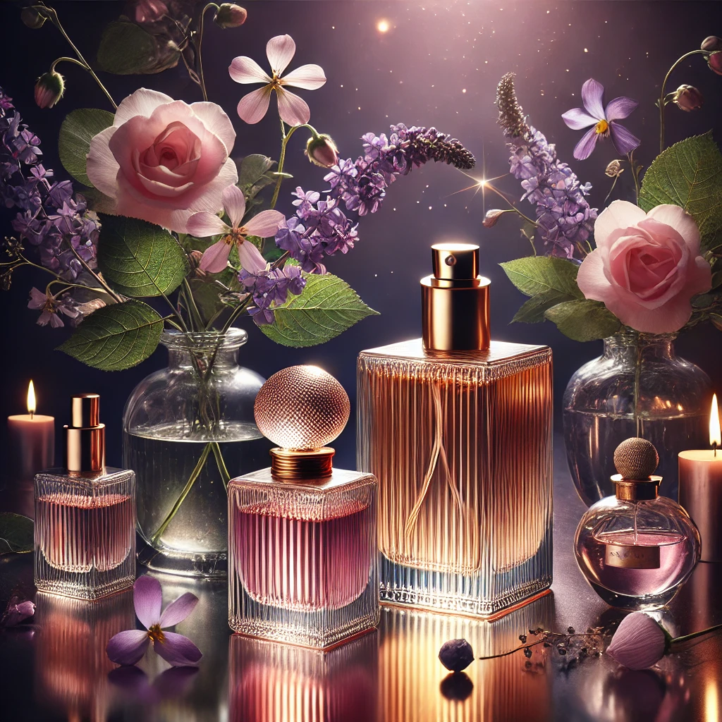 Tendencias de primavera 2025: La violeta se convierte en la nueva rosa y las frutas como la fresa ganan protagonismo en las fragancias 1 imagen artística y moderna inspirada en las tendencias de perfumes de primavera 2025. La composición incluye un frasco de perfume elegante con det