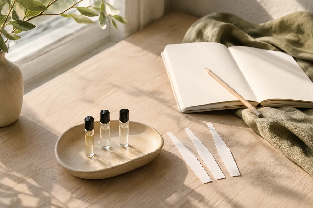 Muestras y tiras olfativas junto a un cuaderno para comparar perfumes