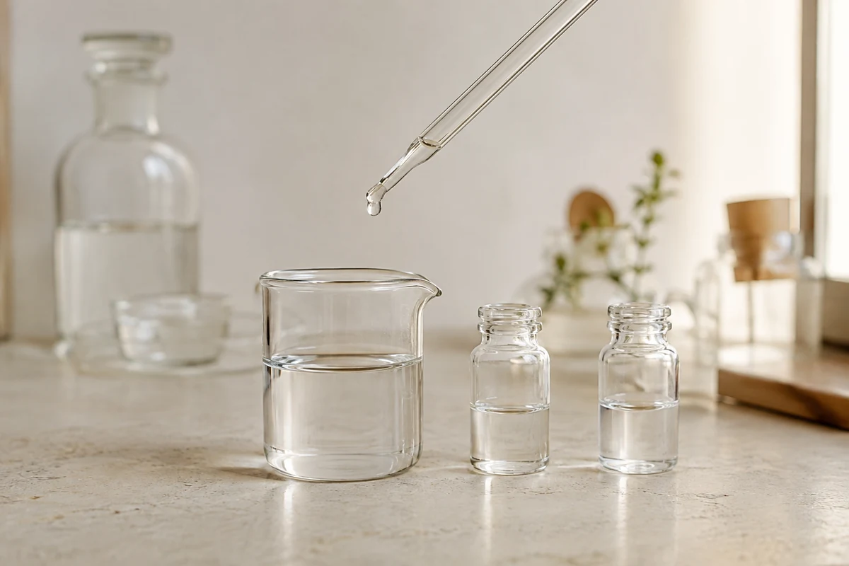 Pipeta y recipientes de vidrio para explicar la concentración de perfumes y colonias