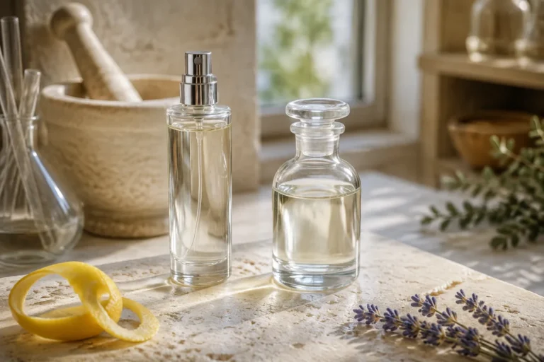 ¿Cómo identificar las diferencias entre perfumes y colonias para hombre y mujer? 50 Perfumes y colonias en frascos sin marca con limón y lavanda sobre piedra clara