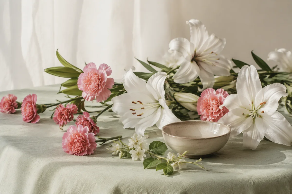 Azucenas blancas, claveles rosas y jazmín evocan las notas de perfumes clásicos de mujer