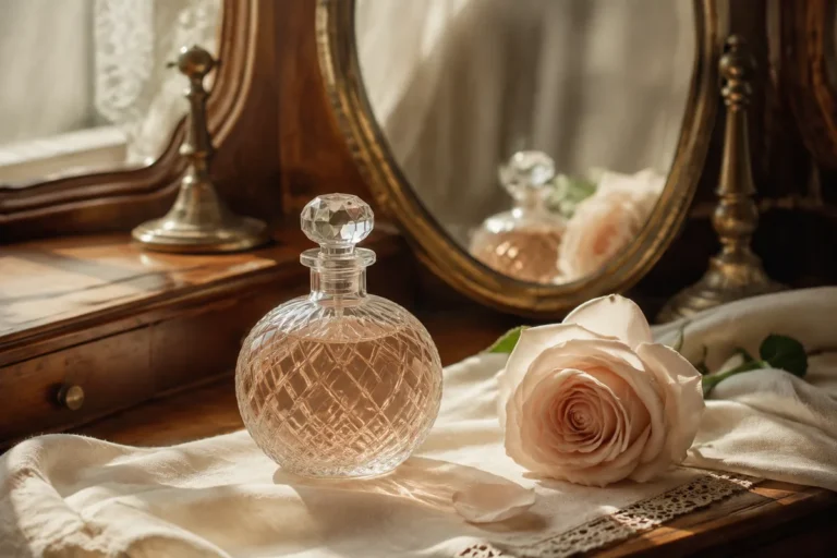 Perfumes antiguos de mujer que te seducirán: secretos y aromas atemporales 18 Perfumes antiguos de mujer: frasco de cristal sin marca junto a una rosa en un tocador