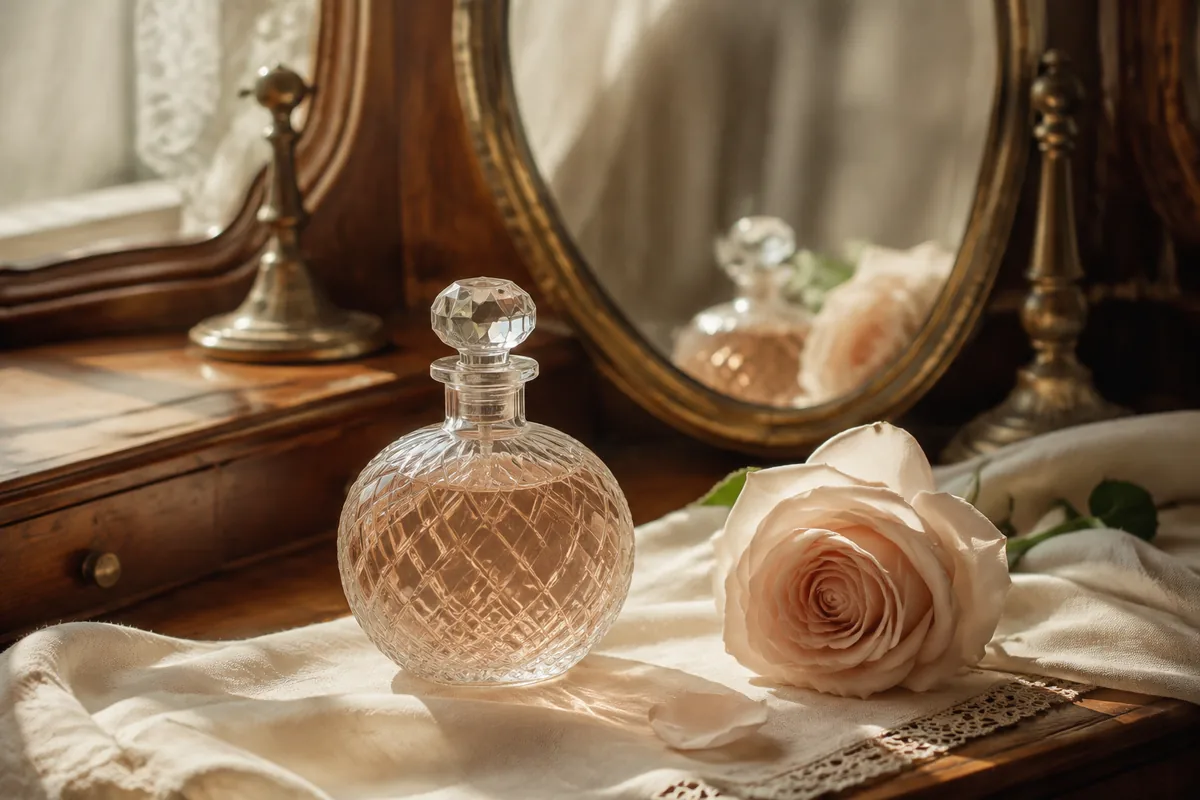 Perfumes antiguos de mujer: frasco de cristal sin marca junto a una rosa en un tocador