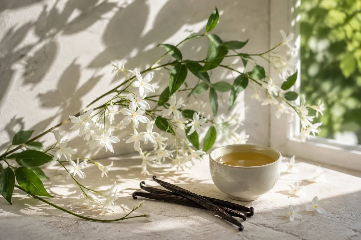 Jazmín, té y vainilla para ilustrar el contraste de un perfume floral avainillado
