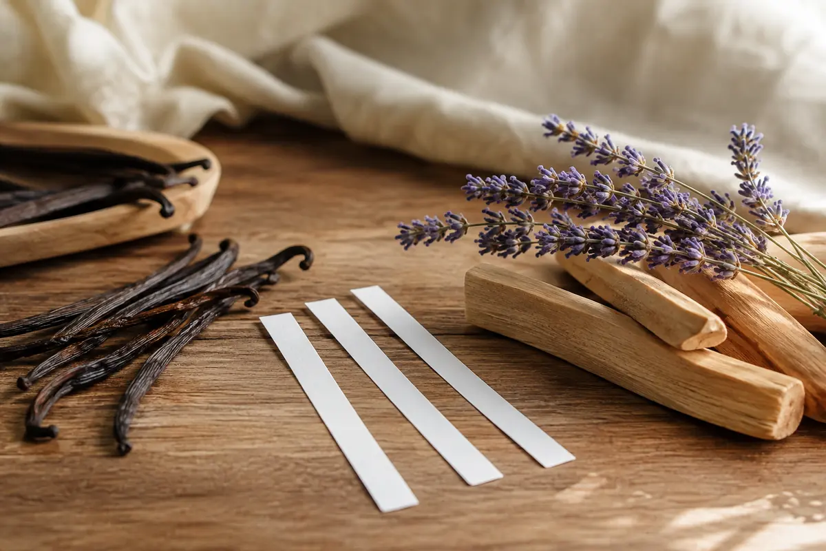 Vainas de vainilla, maderas claras, lavanda y tiras olfativas para comparar perfumes
