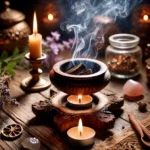 Una escena espiritual con incienso encendido en un soporte de madera tallada, con humo elevándose suavemente. A su alrededor, cristales energéticos, u