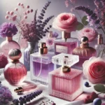 Una imagen elegante y primaveral que represente las tendencias de perfumes de 2025. La imagen muestra una composición de flores de violeta en tonos mo