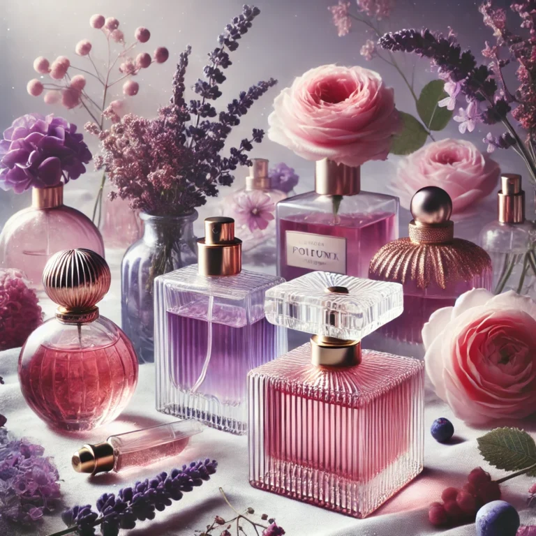 Una imagen elegante y primaveral que represente las tendencias de perfumes de 2025. La imagen muestra una composición de flores de violeta en tonos mo