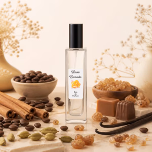 Perfume equivalente a Khamrah Qahwa Lattafa unisex con frasco Rosa Dorada de tapón negro