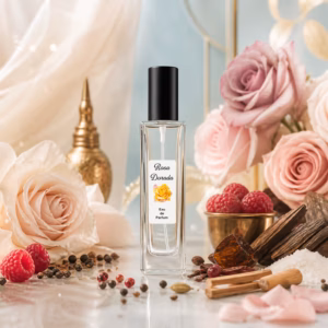 Perfume equivalente a Arabe Pasional rosa y oud unisex con frasco Rosa Dorada negro