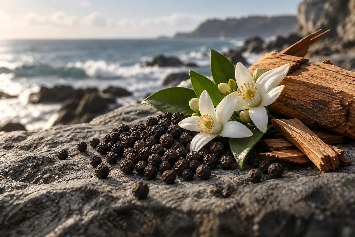 Pimienta negra, flores de neroli y cedro sobre piedra junto al mar