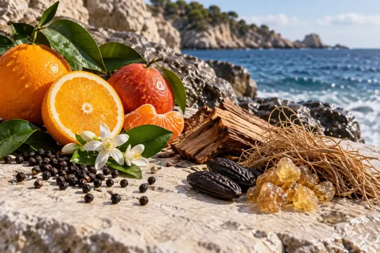Naranja, mandarina roja, agua marina, pimienta, neroli, cedro, vetiver, tonka y elemi