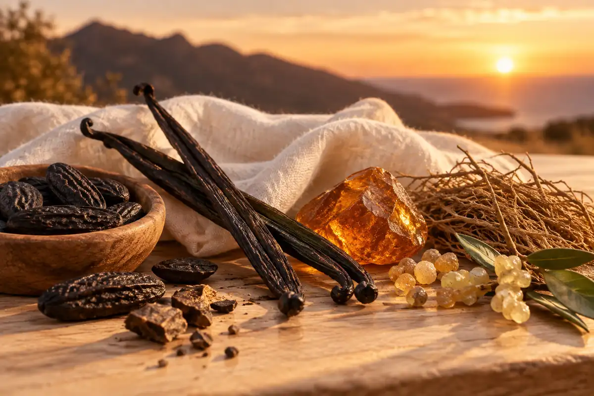 Haba tonka, vainilla, ámbar, vetiver, elemi y lino blanco al atardecer