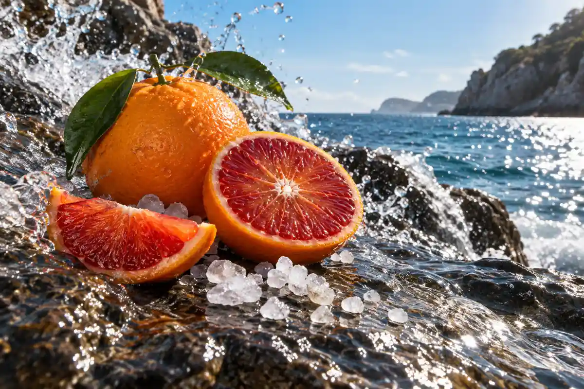 Naranja, mandarina roja, agua transparente y sal sobre roca costera