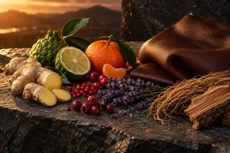 Jengibre, bergamota, mandarina, lavanda, frutos rojos, cuero, vetiver y cedro