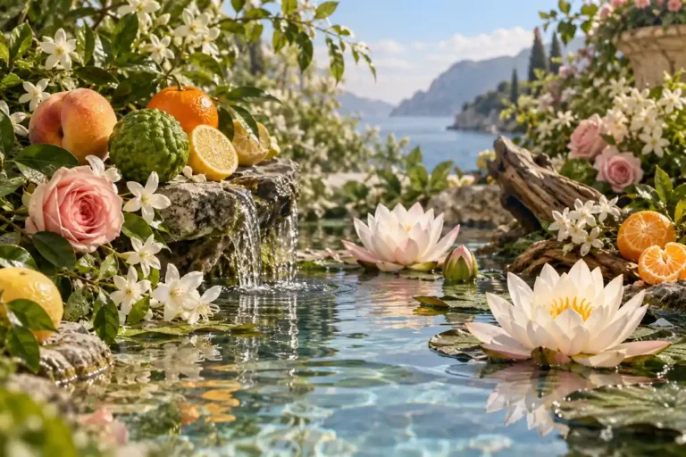 Jardín acuático con cítricos, melocotón, flores blancas, rosas y maderas