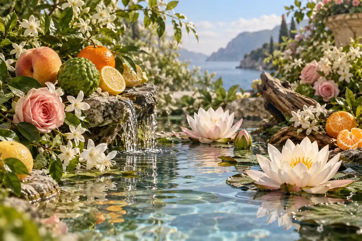 Perfume equivalente a Eden Cacharel 1 Jardín acuático con cítricos, melocotón, flores blancas, rosas y maderas
