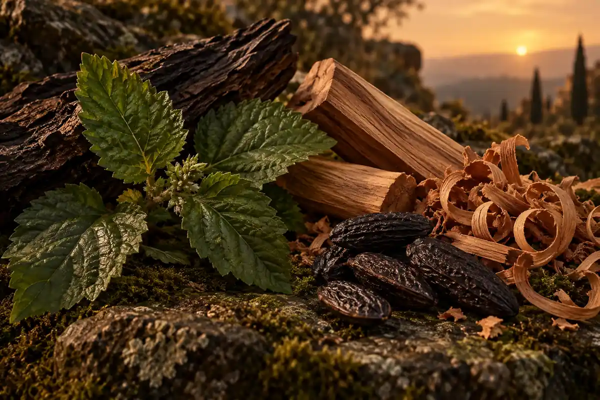 Perfume equivalente a Eden Cacharel 4 Hojas de pachulí, acacia negra, sándalo, cedro y habas tonka al atardecer