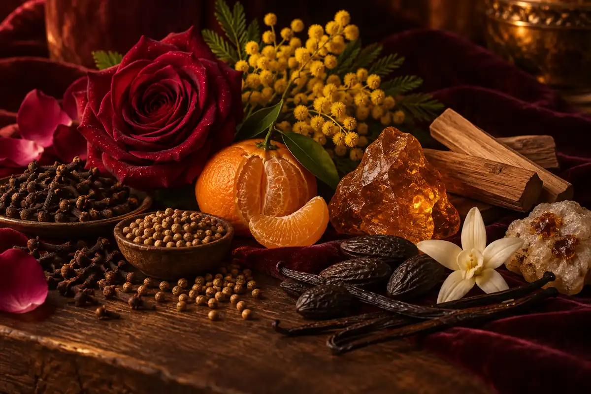 Rosa, clavo, cilantro, mandarina, mimosa, ámbar, sándalo, tonka, vainilla y ládano