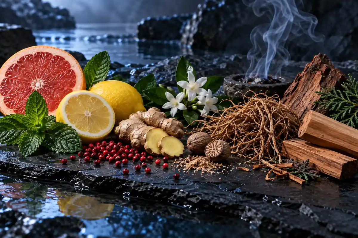 Pomelo, limón, menta, pimienta rosa, jengibre, incienso, vetiver, cedro y sándalo