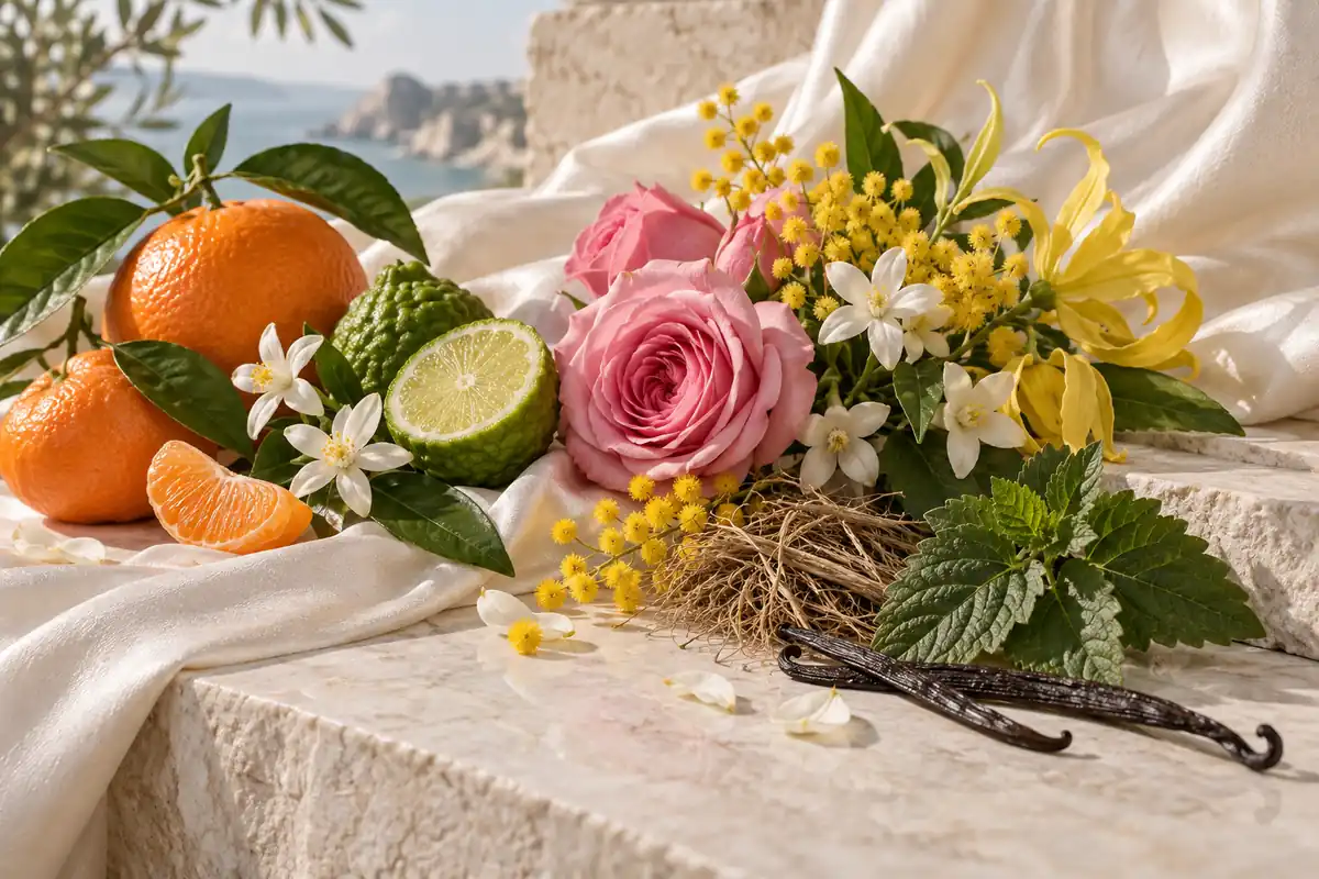 Naranja, mandarina, bergamota, azahar, rosa, jazmín, mimosa, ylang-ylang, pachulí y vainilla