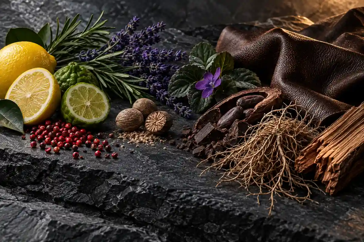 Limón, bergamota, pimienta rosa, romero, lavanda, nuez moscada, violeta, cacao, cuero, vetiver y cedro