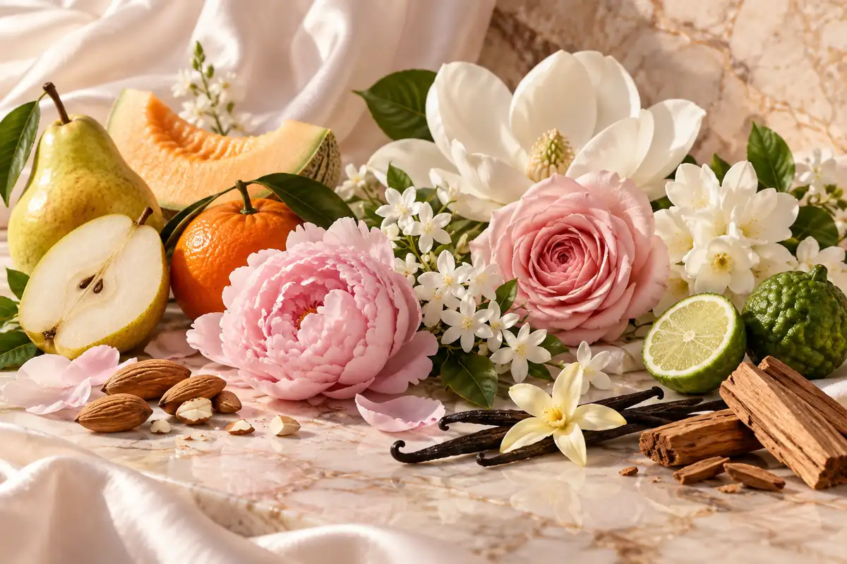 Pera, melón, mandarina, bergamota, magnolia, rosa, jazmín, peonía, almendra, vainilla y sándalo