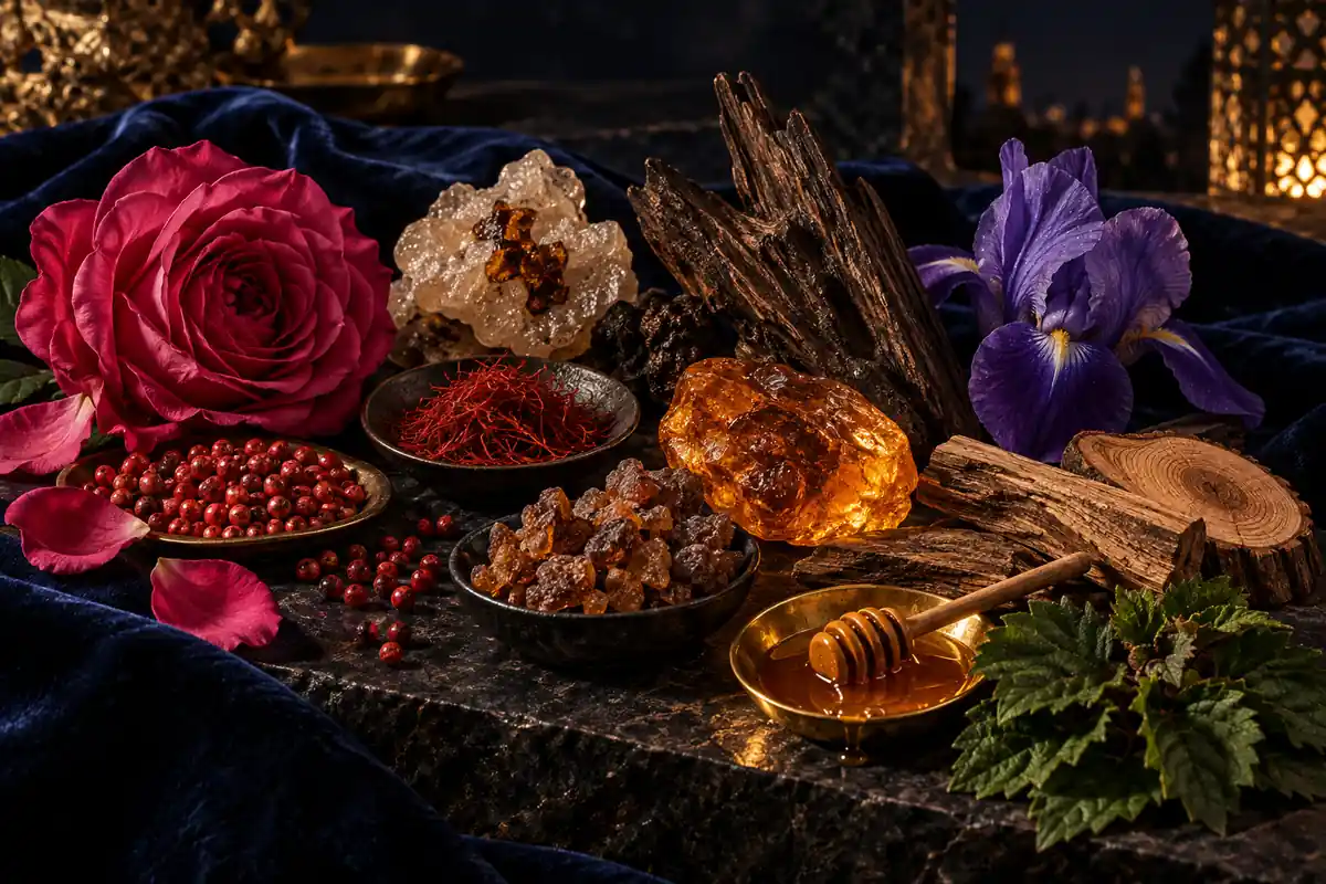Rosa de Damasco, pimienta rosa, azafrán, ládano, oud, iris, mirra, ámbar, cedro, miel y pachulí