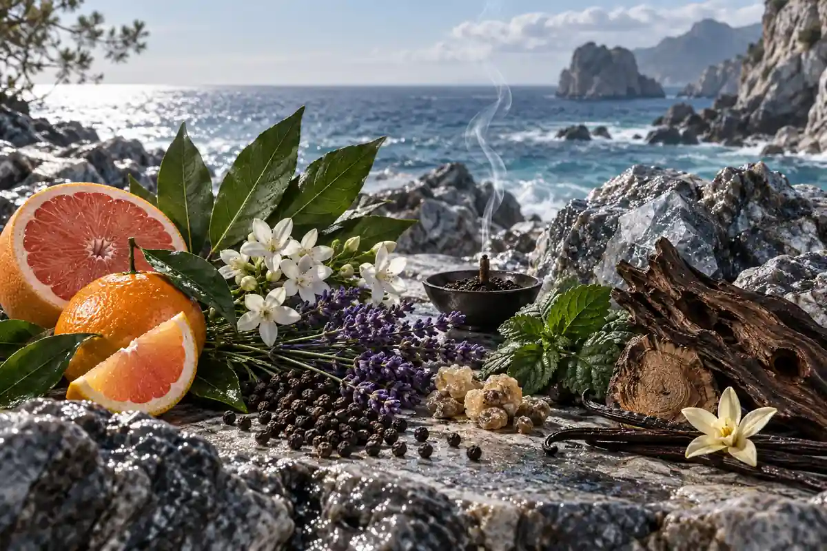 Agua marina, pomelo, mandarina, laurel, jazmín, lavanda, pimienta, incienso, pachulí, madera de gaiac, oud y vainilla