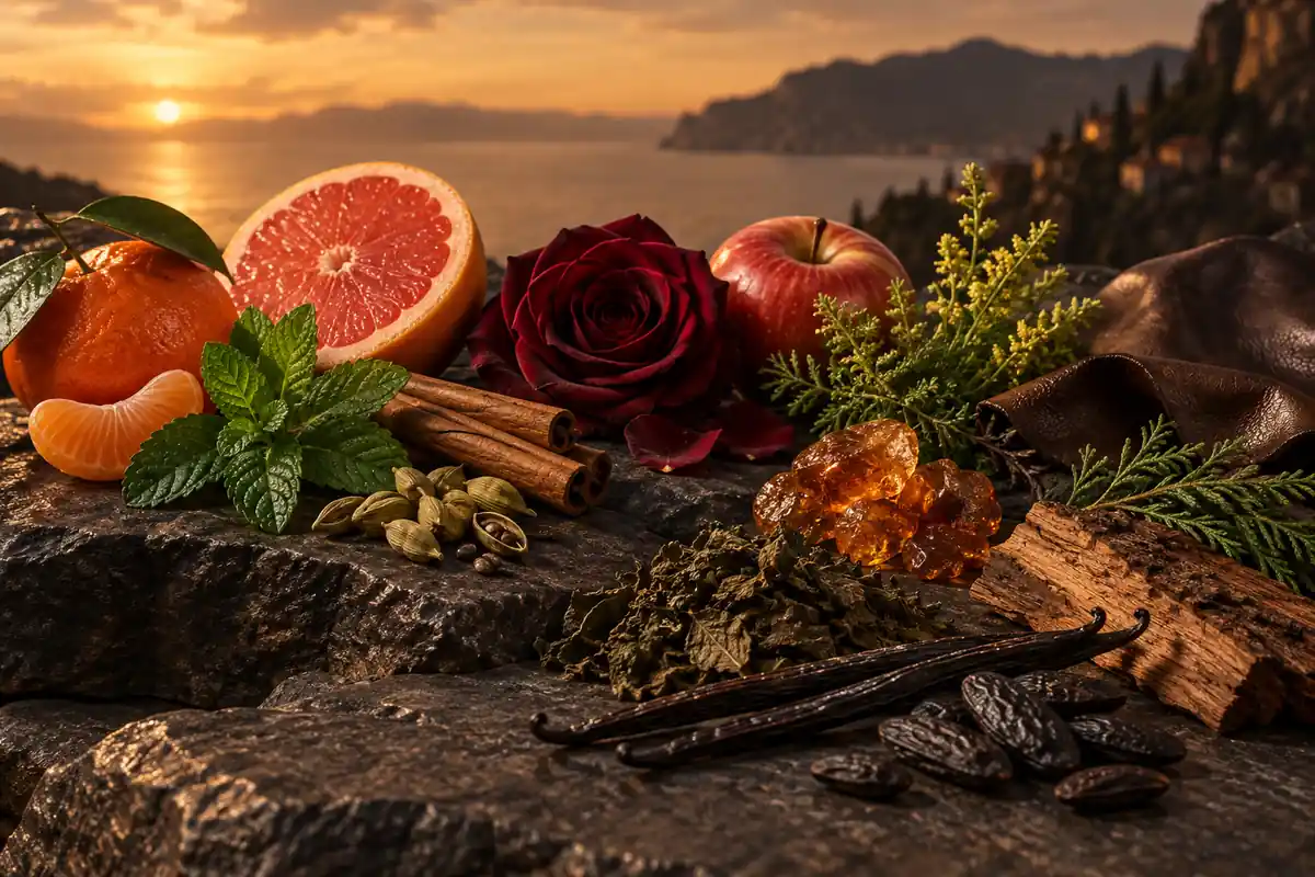 Mandarina roja, pomelo, menta, canela, cardamomo, rosa, manzana, cuero, ámbar, pachulí, cedro, vainilla y tonka