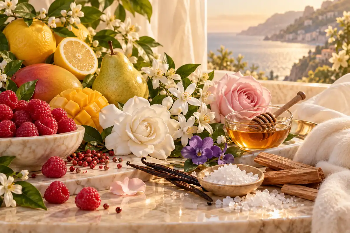 Frambuesa, limón, neroli, mango, pera, pimienta rosa, jazmín, azahar, gardenia, rosa, violeta, miel, vainilla y sándalo
