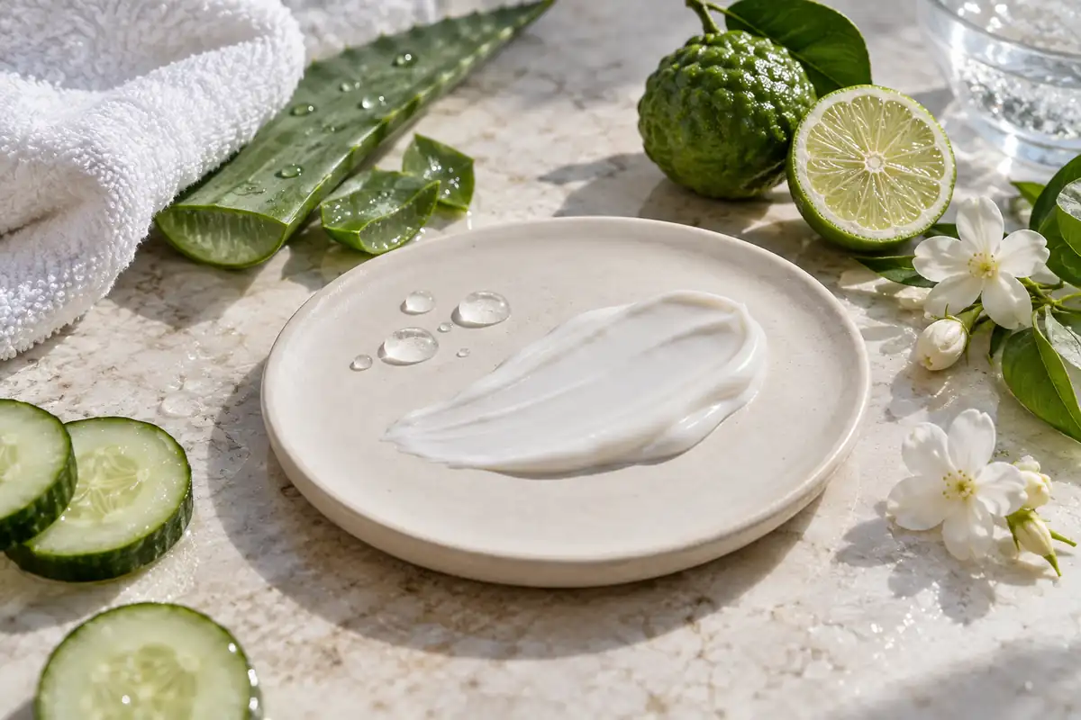 Crema neutra, aloe, pepino, bergamota, flores blancas y una toalla limpia
