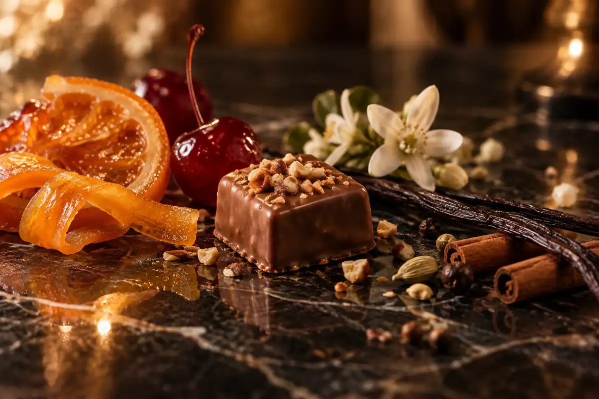 Praliné, naranja y cereza confitadas, flores blancas, vainilla y canela