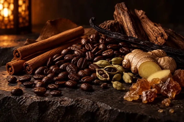 Café tostado, canela, cardamomo, jengibre, vainilla, benjuí y madera oscura