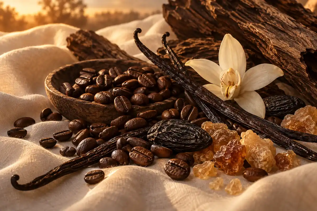Café tostado, vainilla, haba tonka, benjuí y madera sobre tela marfil