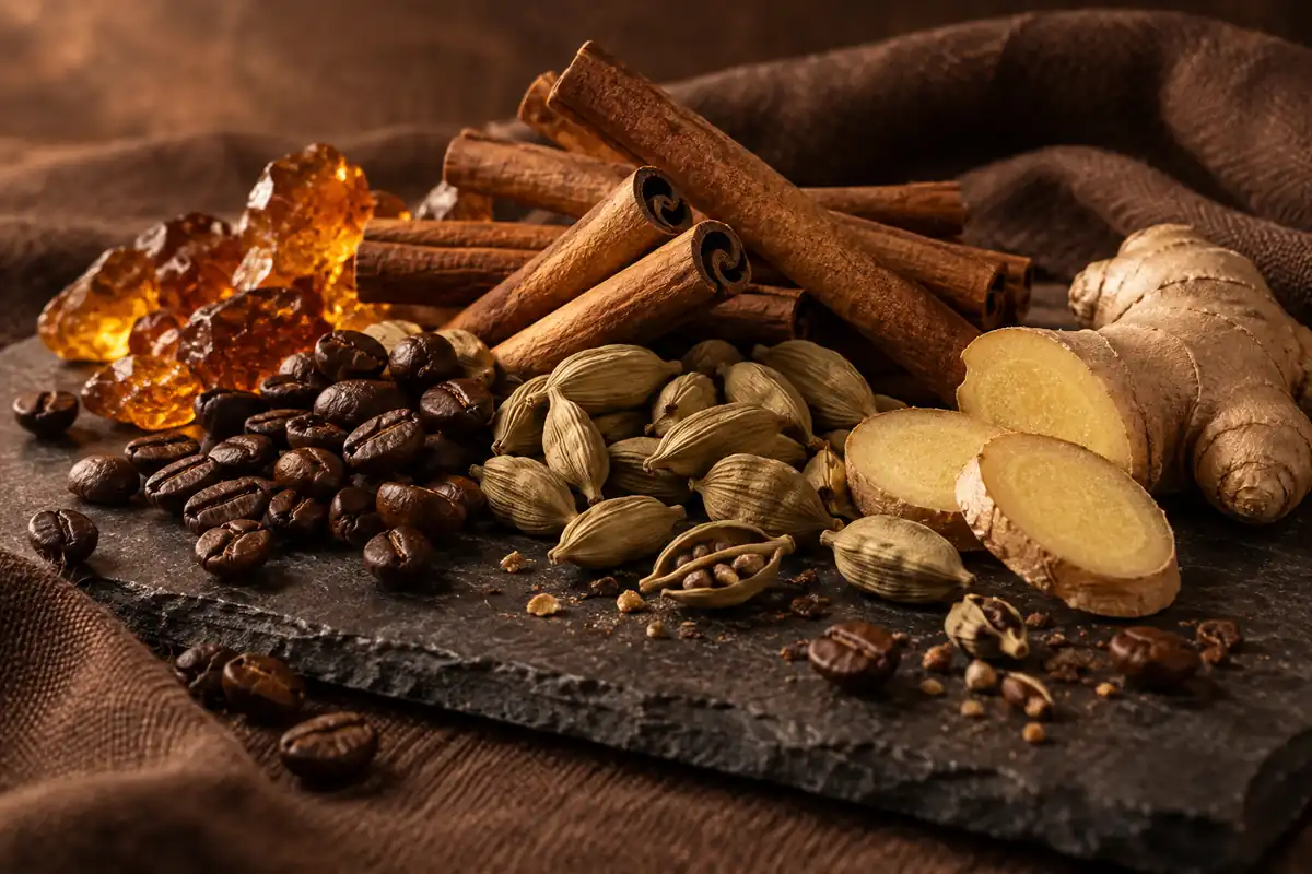 Canela, cardamomo, jengibre, café y resina ámbar sobre pizarra y lino cacao
