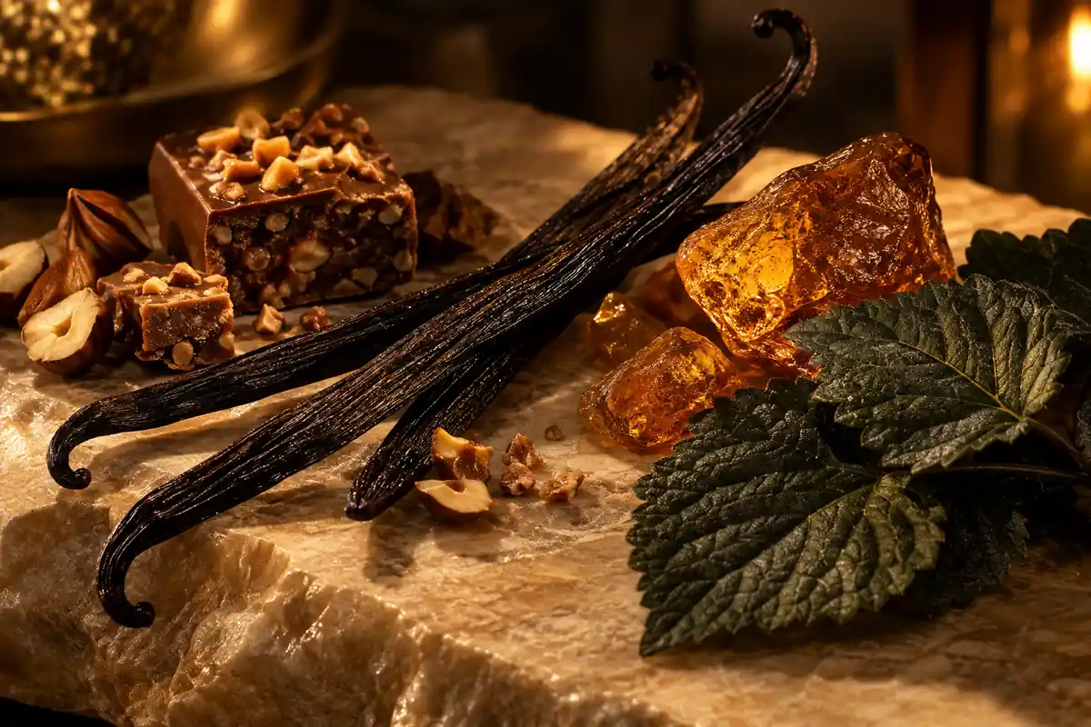 Pachulí, vainilla, praliné y ámbar, fondo del perfume equivalente a La Vie Est Belle