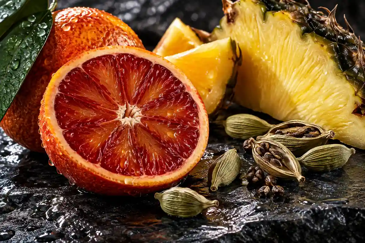 Naranja sanguina, piña y cardamomo, salida del perfume equivalente a L’Homme Rochas