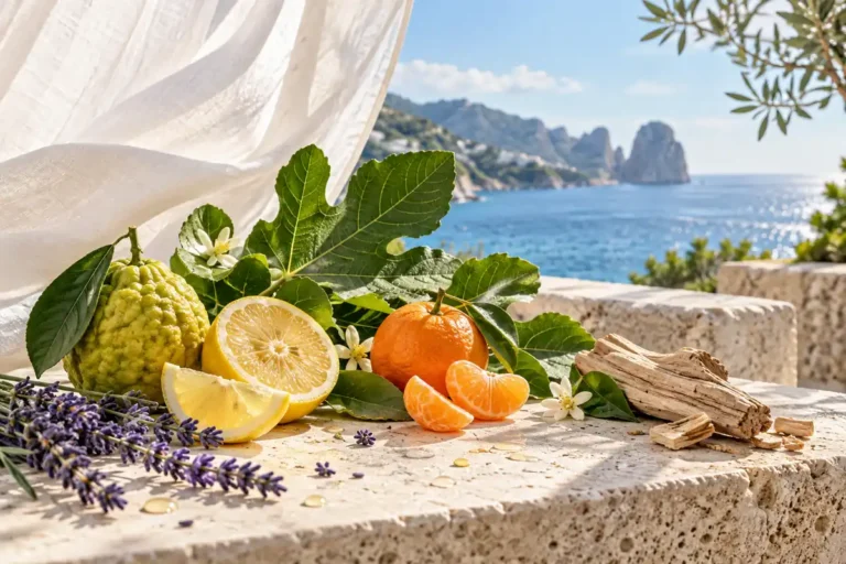 Bergamota, limón, mandarina, hojas de higuera, lavanda y cedro junto al Mediterráneo