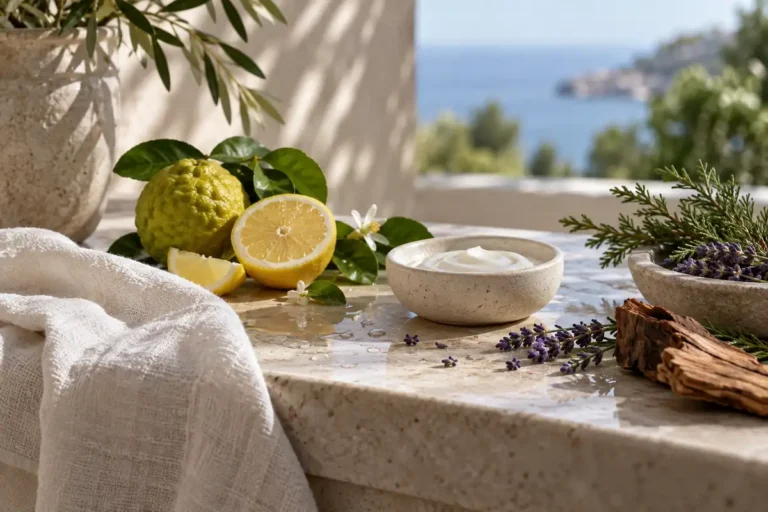 Limón, bergamota, lavanda, cedro, agua y lino a la sombra en una escena mediterránea