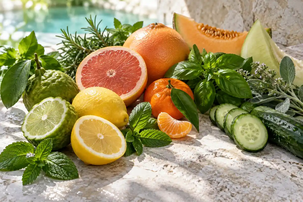 Bergamota, limón, pomelo, mandarina, pepino, melón, menta, albahaca, romero y salvia