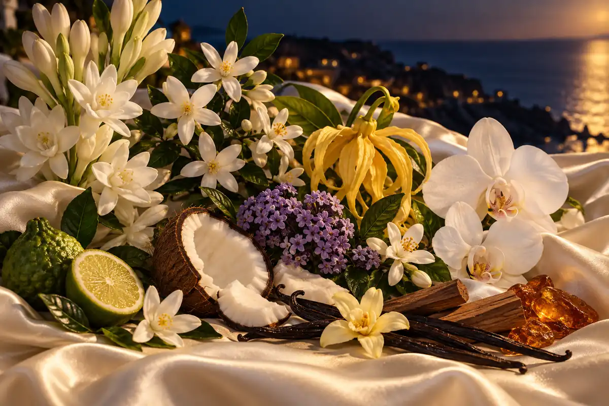Nardos, jazmín, azahar, ylang-ylang, heliotropo, orquídea, bergamota, coco, vainilla, sándalo y ámbar