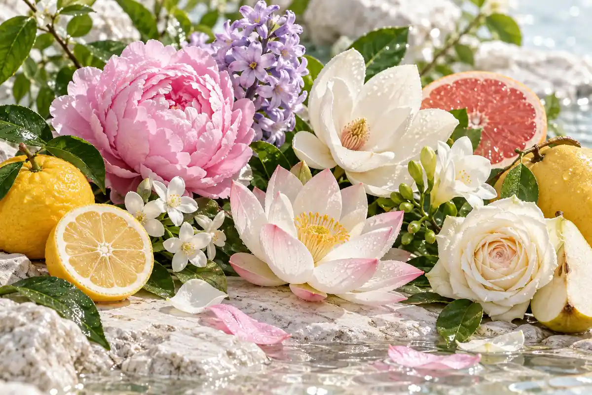 Peonía, jacinto, jazmín, loto, magnolia, fresia, rosa blanca, yuzu, pomelo, membrillo y pera