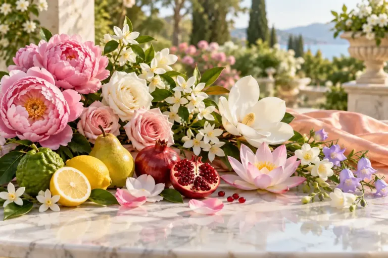 Peonías, rosas, jazmín, magnolia, loto, bergamota, pera y granada en un jardín de verano