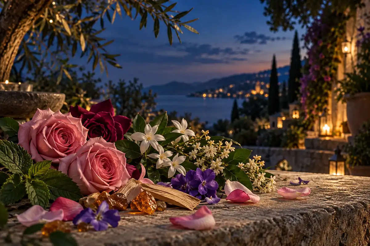 Rosas, jazmín, violetas, osmanto, hojas de pachulí, ámbar y madera en un jardín mediterráneo al anochecer
