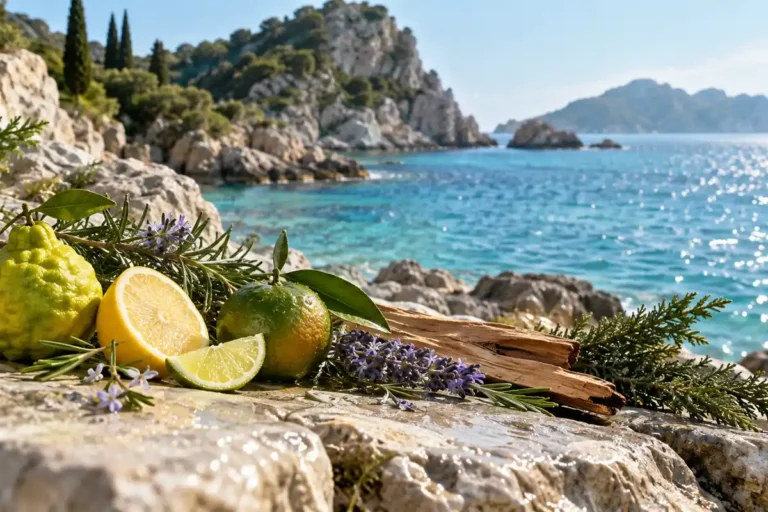 Bergamota, limón, mandarina, romero, lavanda, ciprés y cedro junto al Mediterráneo