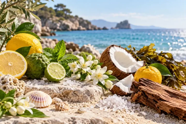 Sal marina, algas, limón, bergamota, menta, flores blancas, coco y cedro junto al mar