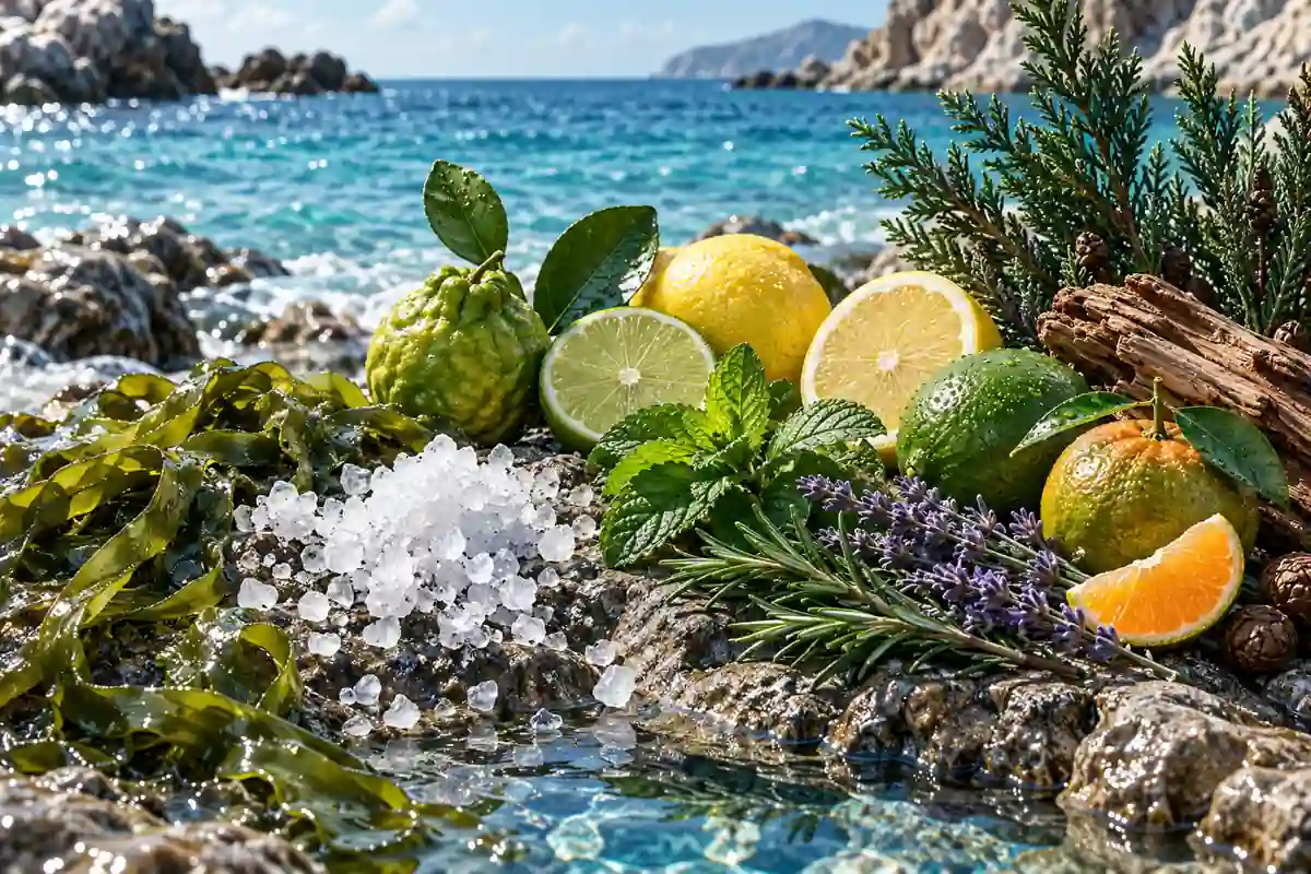 Sal marina, algas, bergamota, lima, limón, mandarina, menta, romero, lavanda, ciprés y cedro