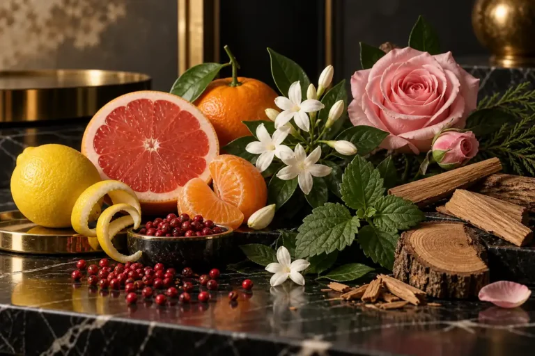 Pomelo, limón, mandarina, pimienta rosa, jazmín, rosa, pachulí, cedro y sándalo