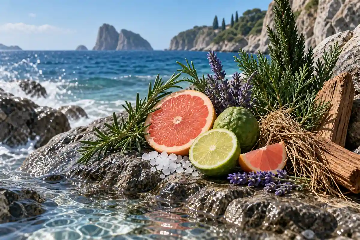 Pomelo, lima, romero, lavanda, ciprés, vetiver y cedro sobre roca marina